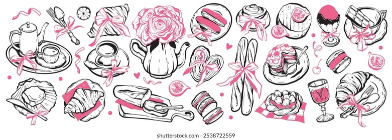 Conjunto de doodle de desayuno francés, ilustración coqueta de almuerzo de París dibujado a mano de Vector, lazo de cinta rosa. Linda colección de brunch vintage, objeto de diseño de menú de comedor, cruasán de taza de té. Comida de desayuno francesa