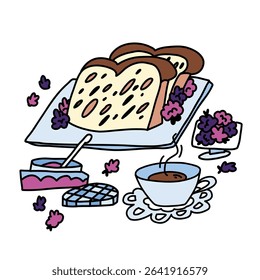 French breakfast with fresh toast, coffee, ripe berries and an open jar of jam in doodle style