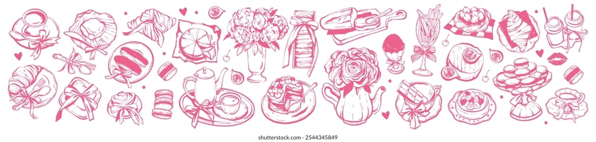 Conjunto de ilustração café da manhã francês, vetor mão desenhada coquetel menu croissant design, queijo. Paris manhã pastelaria mesa flores, xícara de café, saboroso macaroon padaria. Desenhar arte francesa do café da manhã