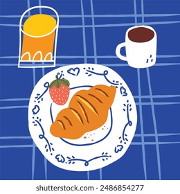 French breakfast illustration. Top view traditional plate. Geometric shapes coffee, croissant, orange juice, strawberry on table cloth. - Vector.