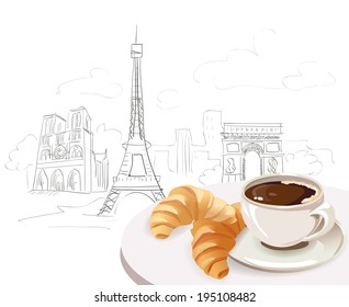 french breakfast on city background. vector illustration