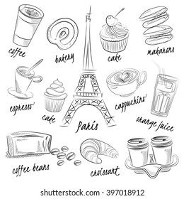 French breakfast. Paris. Eiffel Tower, coffee and croissants.