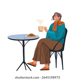 French breakfast scene with woman drink hot beverage. Vector Parisian brunch sign with cookie or croissant and steaming coffee or tea cup. Morning meal with pastry and drink. Paris bistro or cafe.