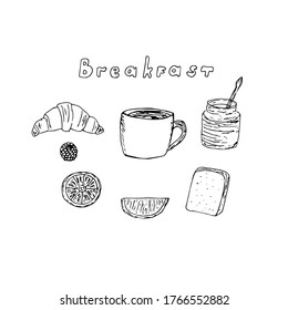 French Breakfast set, vector illustration, coffee, croissant, jam, raspberry, orange, slice of bread, hand drawing