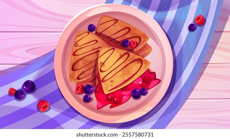 French breakfast setting with crepe Suzette on plate filled with cherry jam topping, fresh blueberries and raspberries, poured with chocolate syrup. Thin pancake on dish stand on pink table with cloth