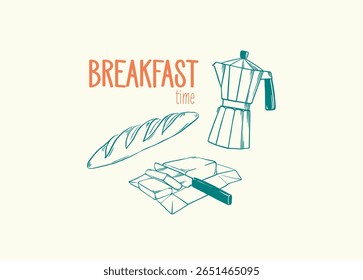 Ilustración de boceto de Vector de desayuno francés con baguette, mantequilla, café