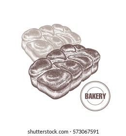 French brioche bun. Hand drawing a bread product. Vector illustration of food. Kitchen design for the confectionery and bakery, cafe, restaurant, menu. Vintage.