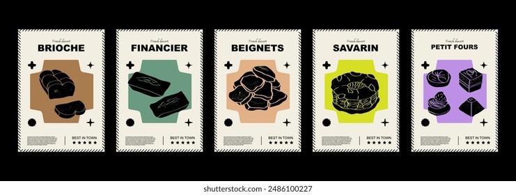 French brioche, financier, beignets, savarin, petit fours. Price tag or poster design. Set of vector illustrations. Typography. Engraving style. Labels, cover, t-shirt print, painting.	