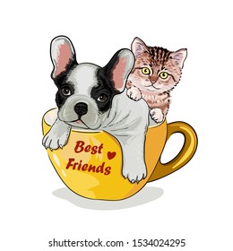 french buldog pupy and little kitten in yellow coffee cup illustration Line art, black and white