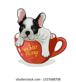 french buldog pupy in red coffee cup illustration Line art. Text is my best friend