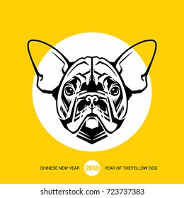 French Bulldog. 2018 Happy New Year greeting card. Chinese New Year of the dog. Vector illustration