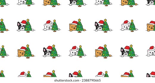 french bulldog bear polar cat seamless pattern Christmas tree Santa Claus hat munchkin dog puppy polar kitten calico neko vector pet doodle cartoon gift wrapping paper tile background repeat wallpaper