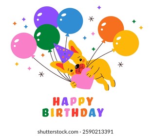 French bulldog with birthday balloons. Birthday celebration concept cute French bulldog in a party hat. Funny French bulldog at birthday party