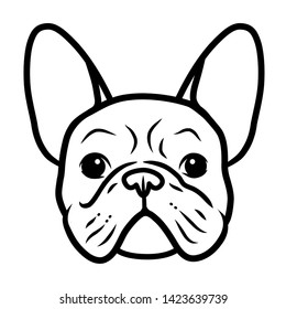 French bulldog black and white hand drawn cartoon portrait. Funny cute bulldog puppy face. Dogs, pets themed design element, icon, logo.