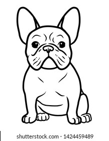 French bulldog black and white hand drawn cartoon portrait vector illustration. Funny french bulldog puppy sitting and looking forward. Dogs, pets themed design element, icon, logo, coloring book page