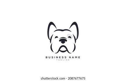 French bulldog black and white hand drawn cartoon portrait. Funny cute bulldog puppy face. Dogs, pets themed design element, icon, logo.