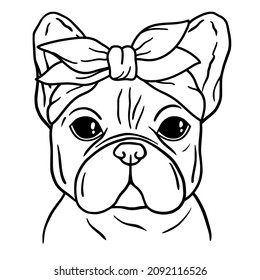 French bulldog black and white hand drawn portrait. French bulldog face in line. Dog head with bandana. Cute muzzle French Bulldog.