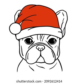 French bulldog black and white hand drawn portrait. French bulldog face in line. Dog head with santa hat. Cute muzzle French Bulldog.