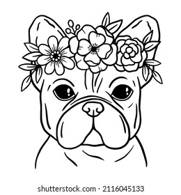 French bulldog black and white hand drawn portrait. Bulldog with wreath of flowers. Crown of flowers. French bulldog face in line. Dog head. Cute muzzle French Bulldog.