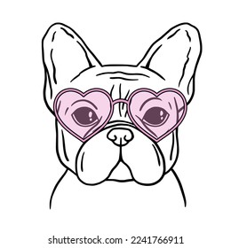 French bulldog black and white hand drawn portrait. French bulldog face in line. Dog head with heart glasses. Valentines Day. Cute muzzle French Bulldog.