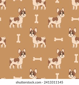 French bulldog and bone seamless pattern. Modern doggy background for pets, kids, fabric, textile, banner, wallpaper. Repeat vector illustration with puppy character in flat style