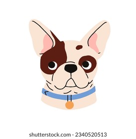 Raza de bulldog francesa, adorable cachorro. Cabeza de perro pequeño, retrato canino, avatar. Curioso bozal, hocico. Cara pequeña de cachorro con collar. Ilustración vectorial gráfica plana aislada en fondo blanco