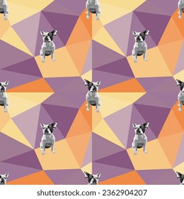 French Bulldog Breed dogs on a mosaic geometric background. Warm palette colors, vibrant colors palette. Simple, clean, modern texture. Geometric, polygon style. Summer seamless geometric.