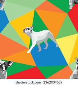 French Bulldog Breed dogs on a mosaic geometric background. Warm palette colors, vibrant colors palette. Simple, clean, modern texture. Geometric, polygon style. Summer seamless geometric.