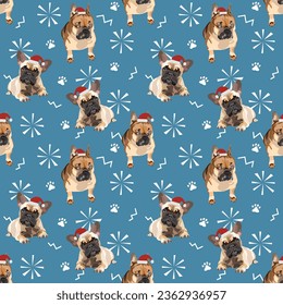 Raza francesa de bulldog. Feliz Navidad sin fisuras con perros en sombreros y garras, textura navideña. Formato cuadrado, afiche, empaque, textil, papel envolvente. Diseño de invierno a mano.