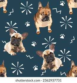 French Bulldog Breed pattern with dogs, fireworks, and paws. Holiday texture. Square format tile, poster, packaging, textile, wrapping paper. Trendy hand-drawn design. Sitting pose, laying dog pose.