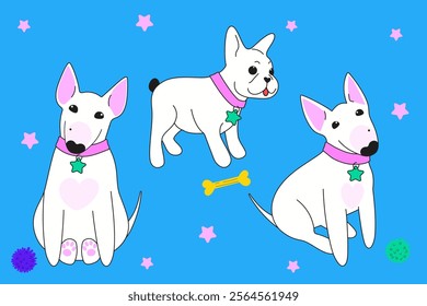 French bulldog and bull terrier in different positions. Flat vector illustration.