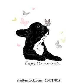 french bulldog with butterflies, hand drawn graphic, animal illustration