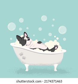 French Bulldog cartoon character taking a bath in the bath vector line icon svg