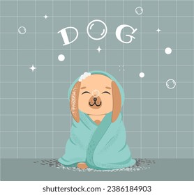French Bulldog cartoon character taking a bath in the bath vector line