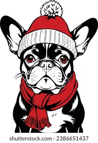 French Bulldog Christmas Vector cartoon clip art illustration Christmas Hat Dog, Dog in Christmas Santa hat