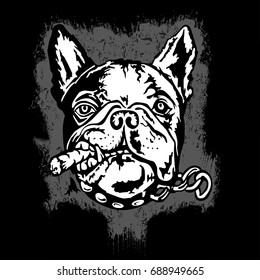 French bulldog with a cigar. Black and white vector illustration for t shirt printing or embroidery.
