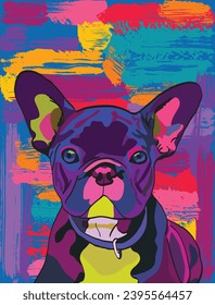 French bulldog in colorful colors isolated on a vivid background, pop art style. Amazing Illustration Dog Pop Art. Poster, comic book. Beautiful cover. Attractive design, creative cartoon detailed dog