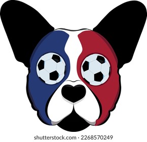 Perro de toro francés, colores de la bandera de Francia. Ilustración vectorial del bulldog francés con pelotas de fútbol