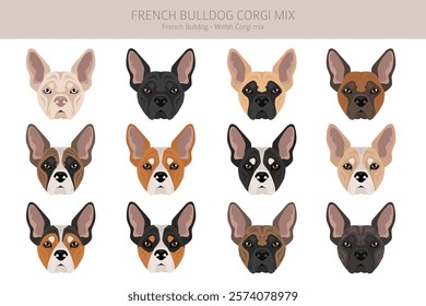 French Bulldog Corgi clipart. French Bulldog - Welsh Corgi mix. All possible coat colors, breed information, adults and puppies.  Vector illustration