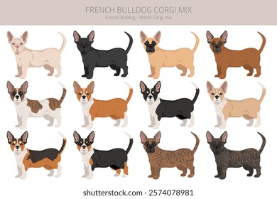 French Bulldog Corgi clipart. French Bulldog - Welsh Corgi mix. All possible coat colors, breed information, adults and puppies.  Vector illustration