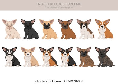 French Bulldog Corgi clipart. French Bulldog - Welsh Corgi mix. All possible coat colors, breed information, adults and puppies.  Vector illustration