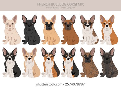 French Bulldog Corgi clipart. French Bulldog - Welsh Corgi mix. All possible coat colors, breed information, adults and puppies.  Vector illustration