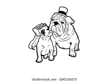 French Bulldog and Bulldog Couple in Black and White. Black and White vector illustration featuring a charming pair of French Bulldog and Bulldog. Endearing and timeless design.