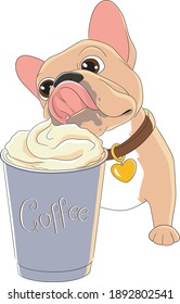 French bulldog with a cup of coffee. Vector. Print.