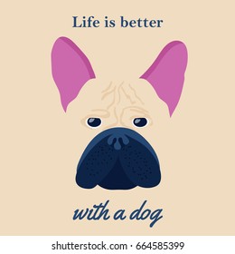 French Bulldog. Cute Cream or Fawn Frenchie. Dog illustration.  Colorful cartoon flat vector graphic design. Isolated on white. Digital drawing. Great for  poster print.