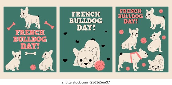 French bulldog day cards. Flat vector illustrations.