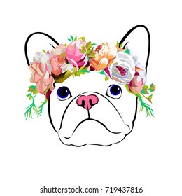 French Bulldog. A dog with a beautiful wreath of roses on his head