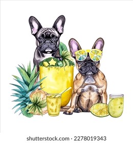 french bulldog dog breed, summer vibes, beach and palm tree, Pineapple and Lemon Juice, isolated in white background, watercolor vector for tshirt, mug, tumbler, sticker, sublimation