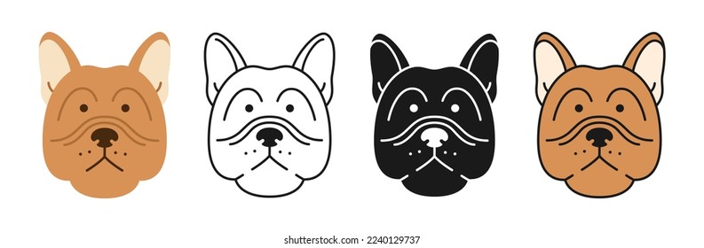 French Bulldog Dog faces cartoon character set. Cute puppy childish kawaii head symbol muzzle, line doodle, icon or silhouette. Smiling funny doggy pet baby, comic print flat sticker template vector