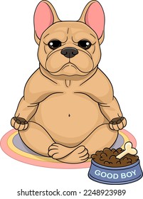 A French bulldog dog of fawn color sits on a rug in the lotus position with a bowl of dog food and trains willpower. Vector illustration of a cute dog